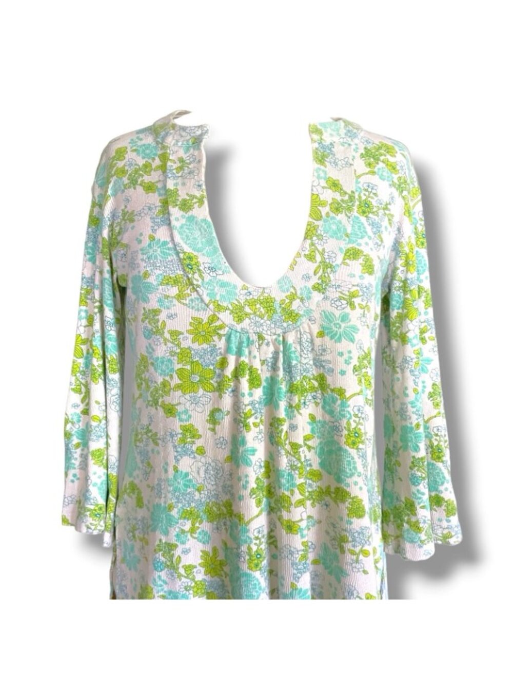 Y2k Vintage Woo Anthropologie Womens Thermal Top Sz Medium Green Floral Shirt - Picture 3 of 9